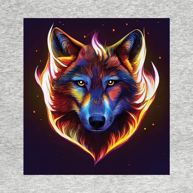 Wolf in Colourful Flames. Bold Striking Image by Geminiartstudio